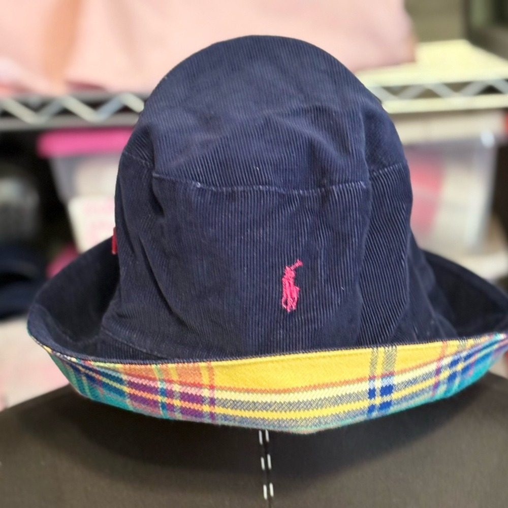 RALPH LAUREN POLO GIRLS 7-16 HAT NAVY PLAID REVERSIBLE LIKE NEW CONDITION